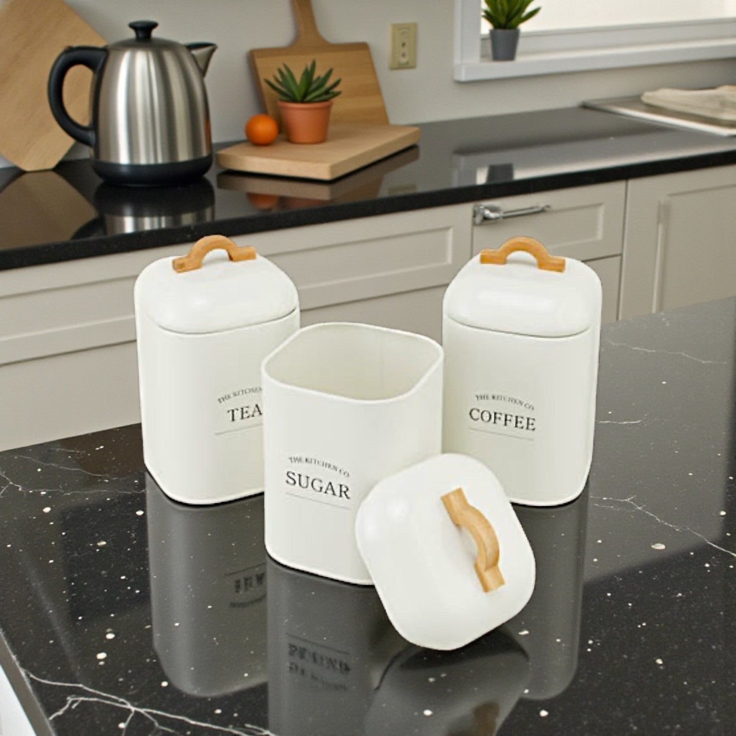 Tea Coffee Sugar Metal Canisters Set of 3- white