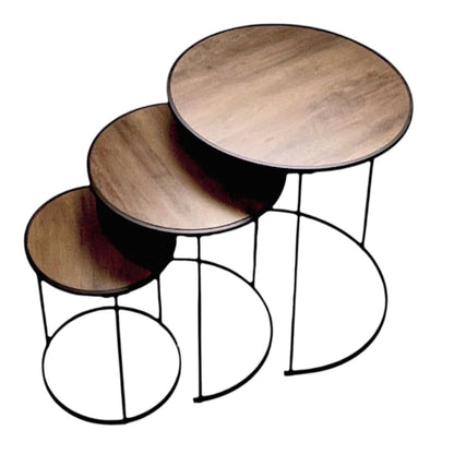 Set Of 3 Round Coffee Table Wooden Top Nest of 3 Tables Side Table - Rustic Oak