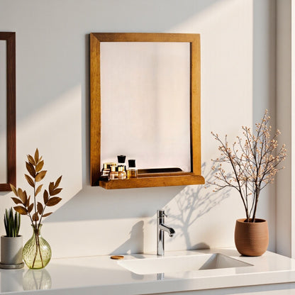 Wooden Bathroom Mirror with Shelf Wall Mounted Mirror