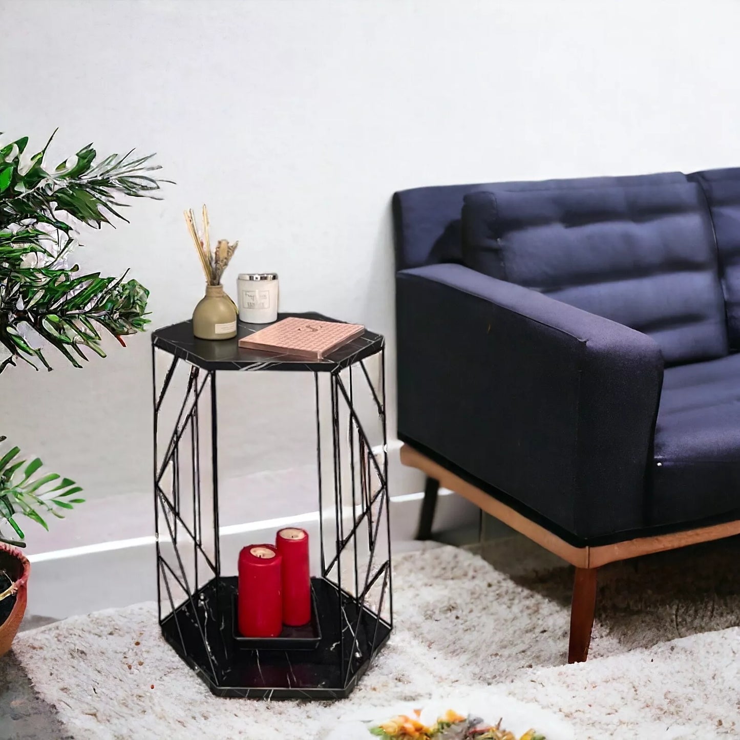 2 Tier Cage Table Black Marble  Hallway Table